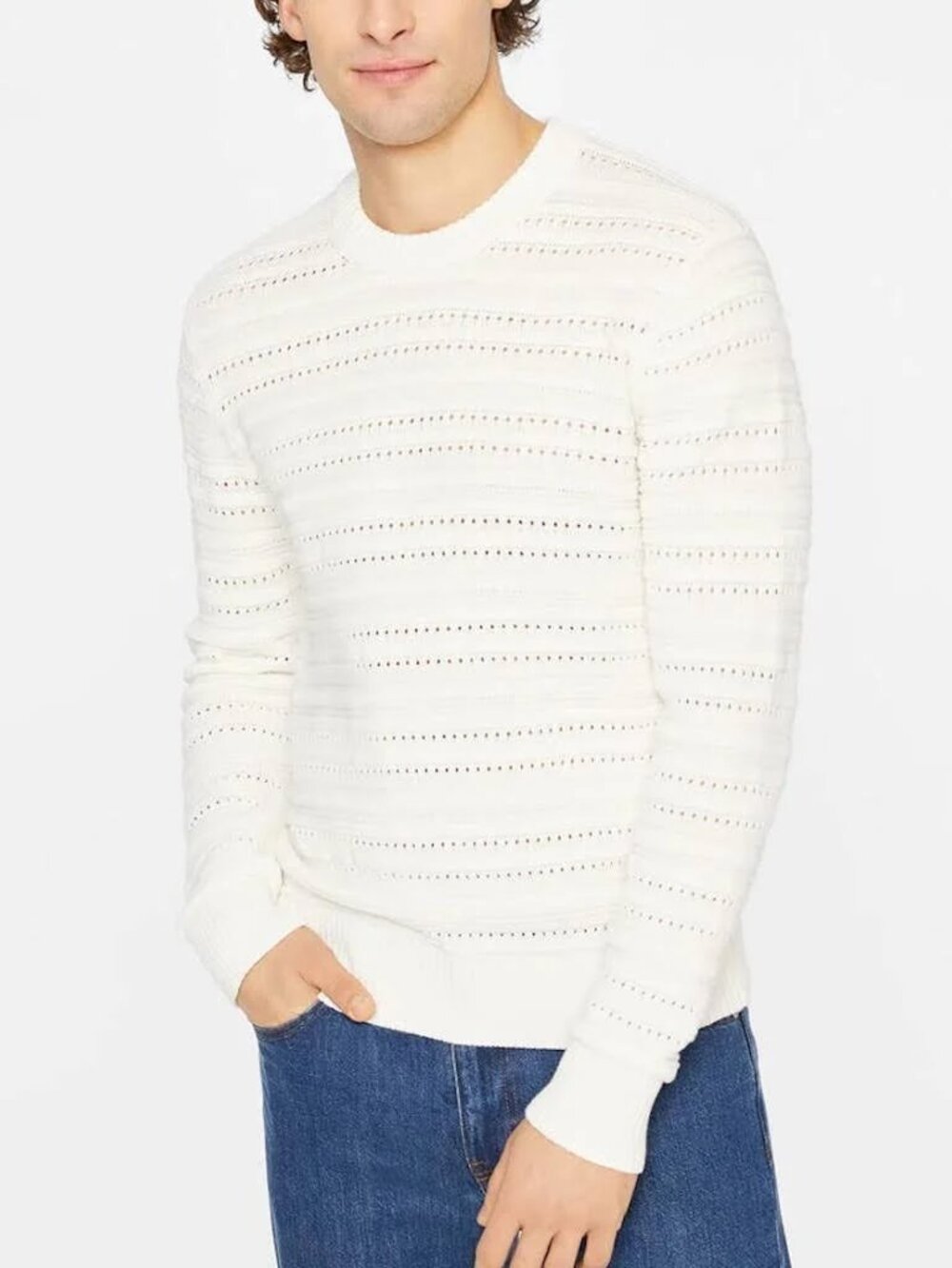 Club Monaco Links Texture Stripe Crew Sweater White Cotton Men’s Medium